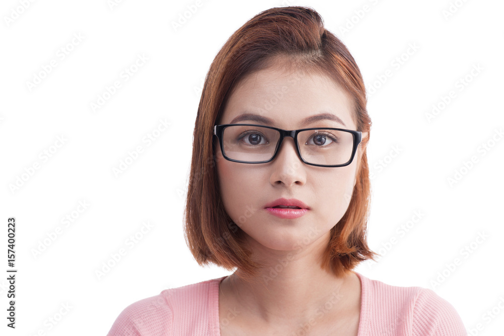 Closeup portrait of a young cheerful asian woman in glasses