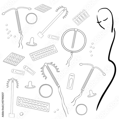 Figure with a female figure from a line for gynecology and medicine with painted vector contraceptives for taking care of the health of a modern woman