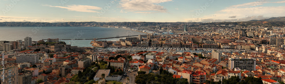 Urban Panorama, Aerial View, Cityscape Of Marseille, France. Picturesque panoramic scene travel destination postcard.
