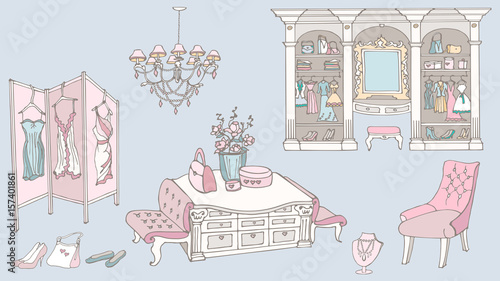 dressing room, fashion, blue pink