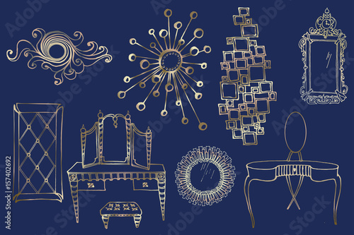 Vector set of sketches elegant mirrors and dressing tables -bronze lines in dark background blue, i hand drawing,  for interior decoration of fashion style  room 