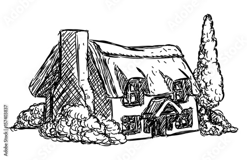 Farm Cottage House Retro Grunge Hand Drawn Style