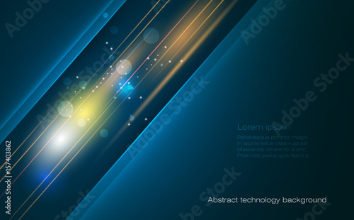 Vector Abstract, science, futuristic, energy technology concept. Digital image of light rays, stripes lines with blue light, speed and motion blur over dark blue background