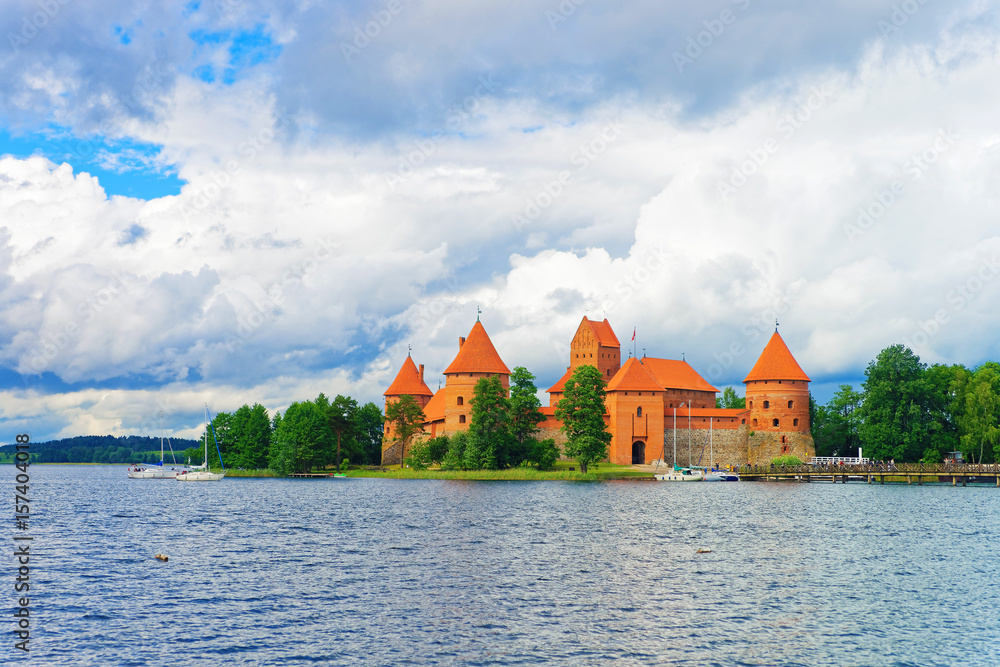 People and Sailing boats in Galve lake Trakai island castle