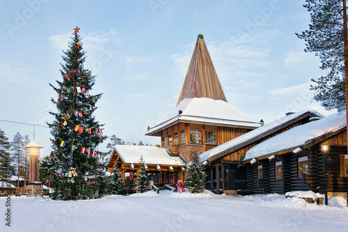 Konstfotografi Santa Claus Village in Rovaniemi, Finland with Christmas tree Lapland