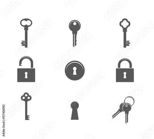 Key. Icon set. Abstract keys and padlocks on white background