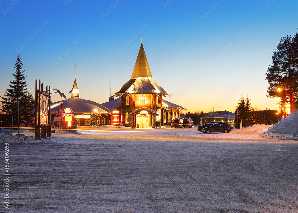 Santa Claus Holiday Village Lapland at dusk