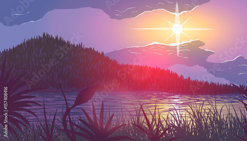 Grassy river bank among mountains at sunset in vector