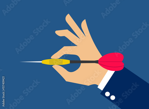 Hand holding darts arrow isolated on blue background. Vector illustration.