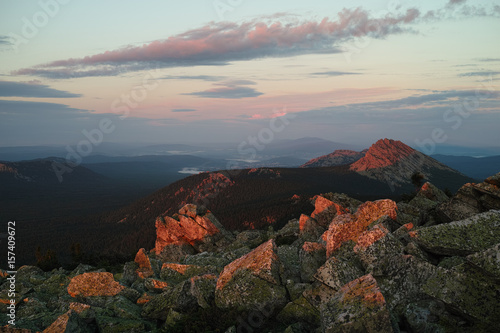Mountains of Southern Ural. Dawn illumination on top.