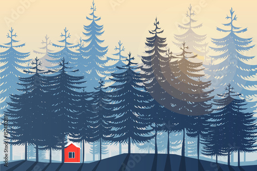Red house in deep blue forest