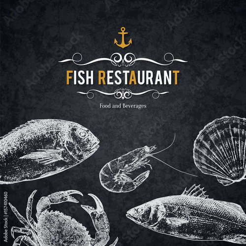 Fish restaurant menu design. Vector menu brochure template for cafe, coffee house, restaurant, bar. Food and drinks logotype symbol design. With a sketch pictures