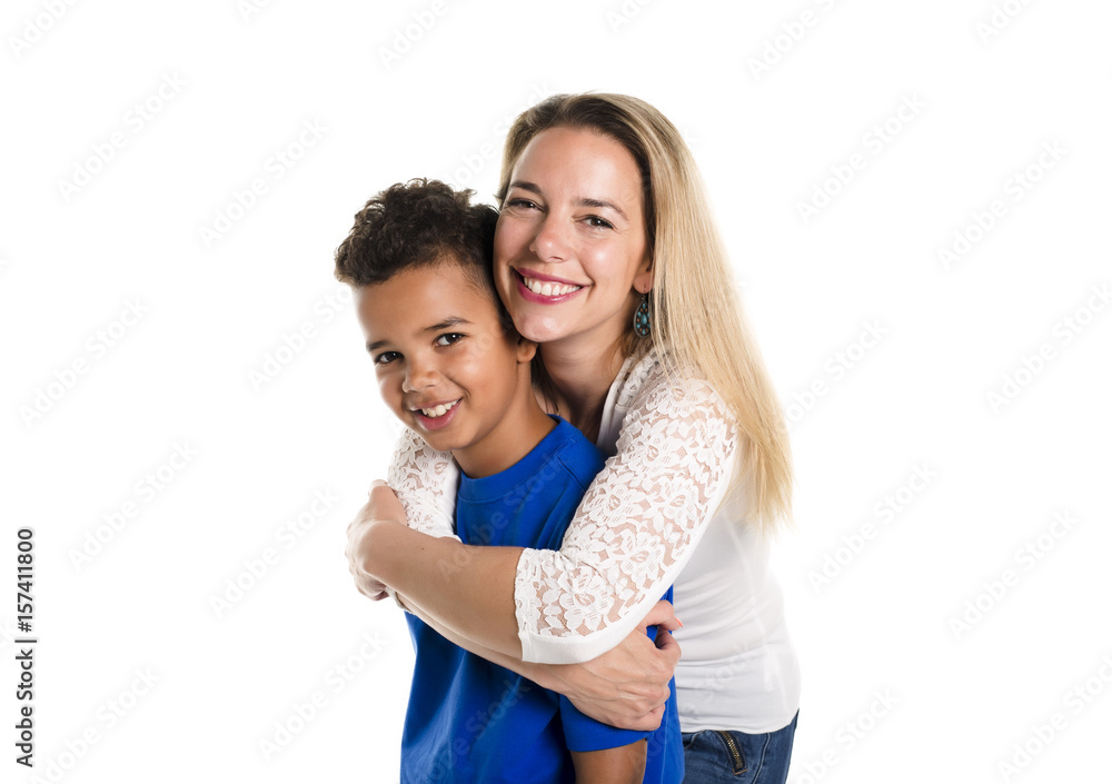 black boy with her mother, isolated on white background black boy with her mother, isolated on white background