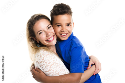 black boy with her mother, isolated on white background