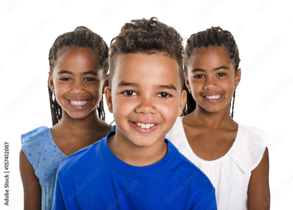 portrait of happy three black childrens, white background portrait of happy three black childrens, white background