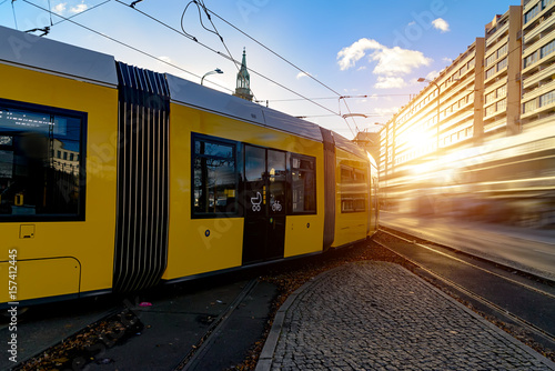 Obraz na plátně Modern electric tram yellow color on the streets of Berlin