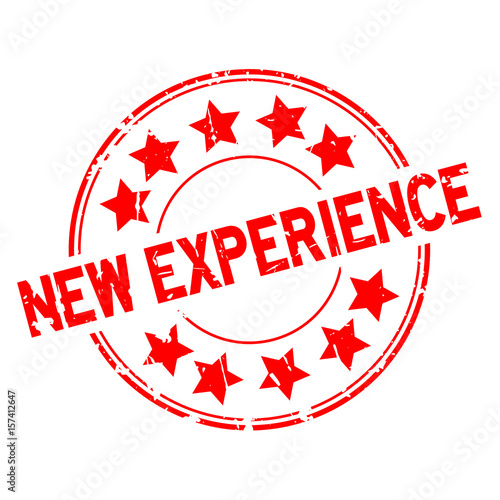Grunge red new experience with star icon round rubber seal stamp on white background