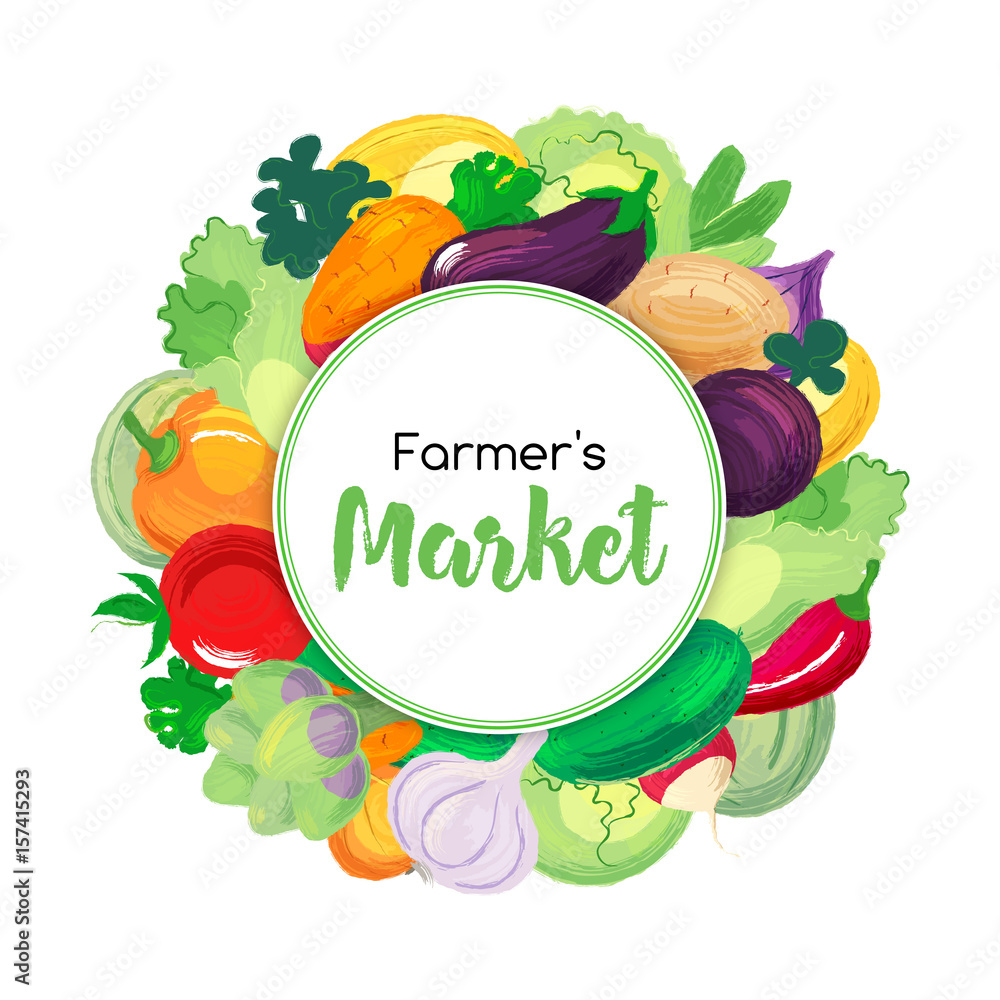 Round banner for farmers markets and menu with vegetables. Round banner for farmers markets and menu with vegetables.