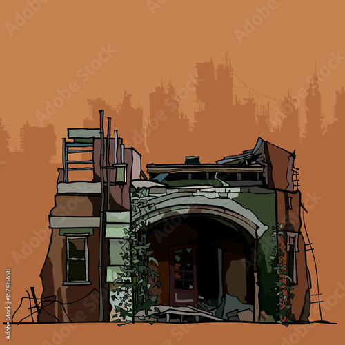 The ruins of the collapsed old house with the ivy