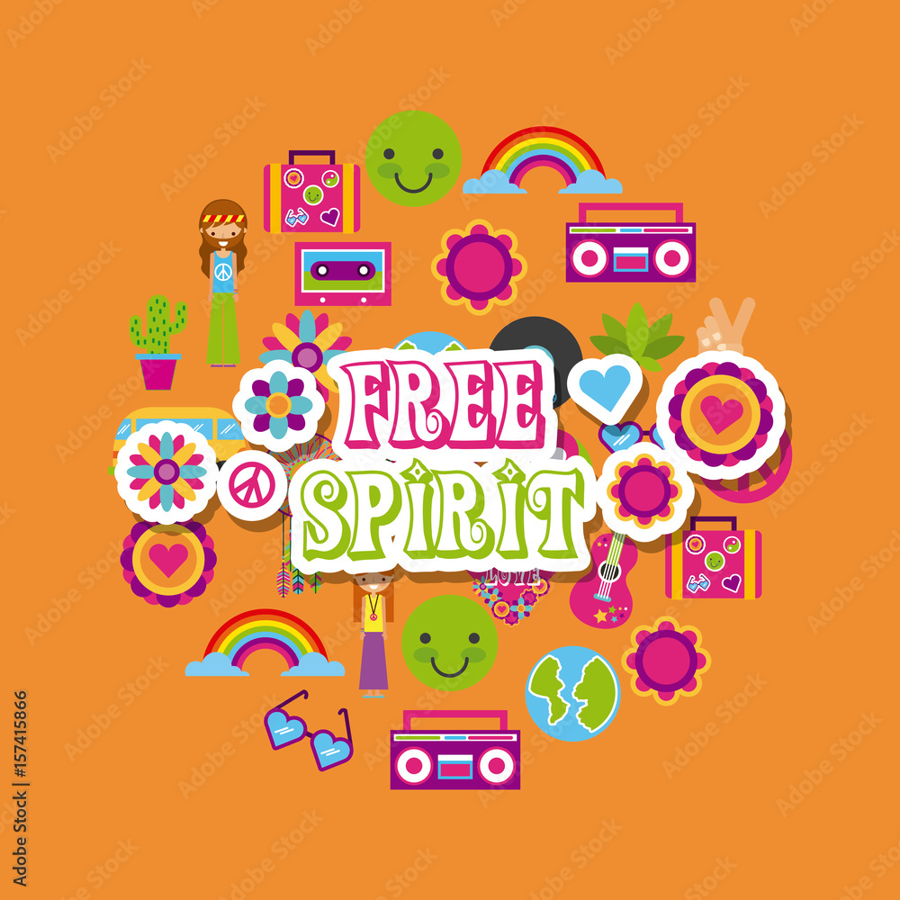 Fototapeta premium icons set hippie scenery cartoon vector illustration design graphic
