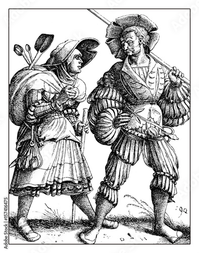 Lansquenet  mercenary going to war with his wife, portrait by Daniel Hopfer, XVI century.The Lansquenets were formidable and colorful  soldiers on foot in German Renaissance times.
