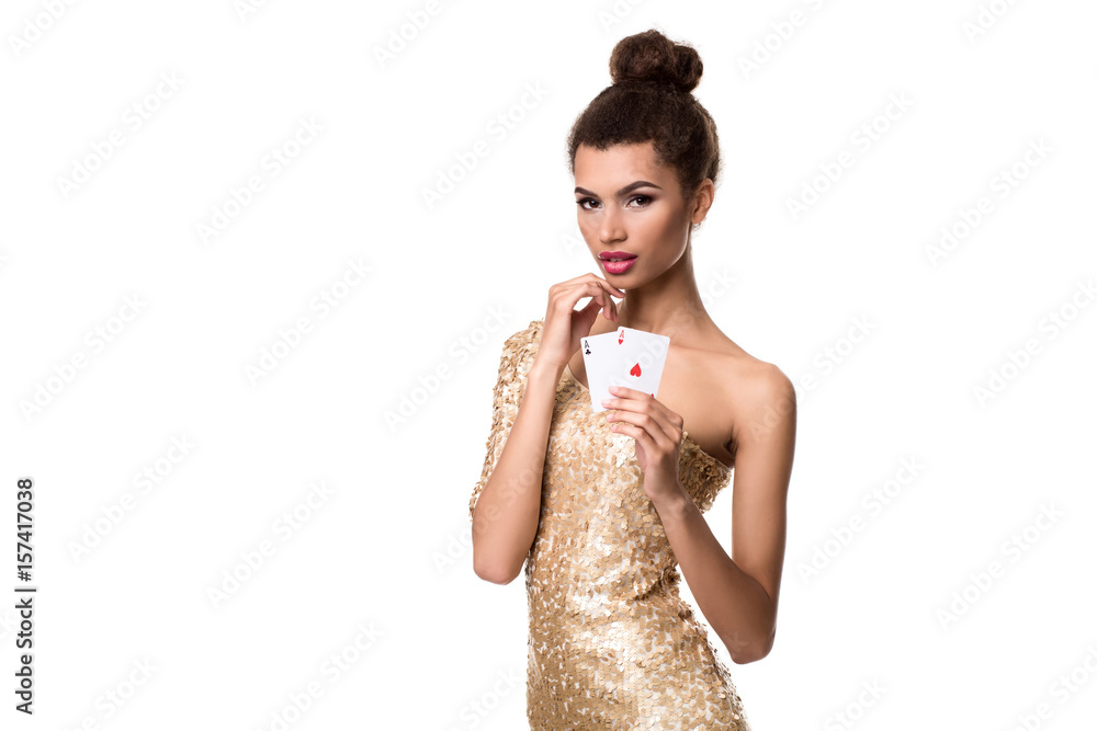 Pretty african girl shows two aces in casino poker and win Pretty african girl shows two aces in casino poker and win