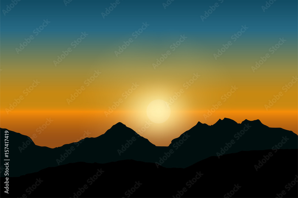 Vector view of sunrise on dramatic blue-green sky over mountain landscape