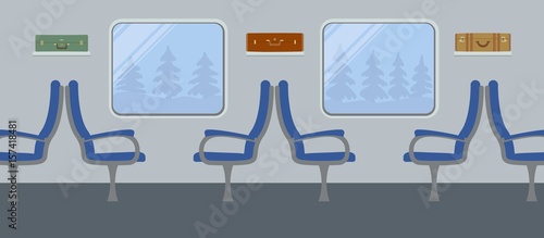 Interior of the train. Places in the train car. There are blue armchairs, windows, suitcases on the shelves in the picture. Outside the window are the trees. Vector illustration.
