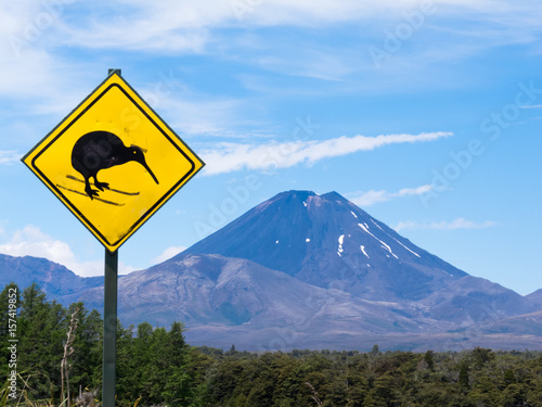 Active volcano Mount Ngauruhoe fun Kiwi road sign