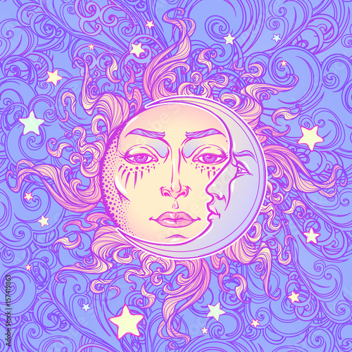 Seamless pattern. Fairytale style sun with a human face resting on a curly ornate cloud. Mandala tattoo. Decorative element for tattoo textile prints or greeting card design. EPS10 vector