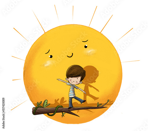 Niño con sol de fondo haciendo equilibrio