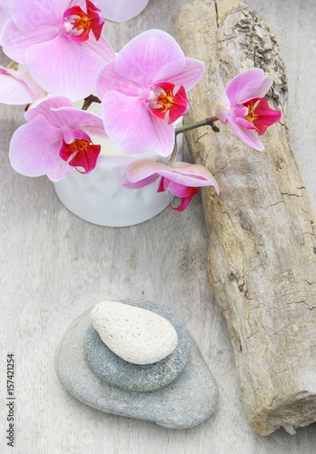 orchid  e rose empilement de galets ambiance zen sur fond bois 
