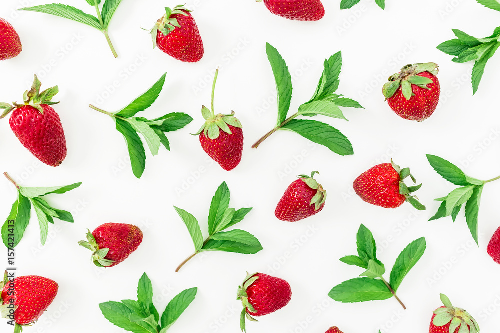 Juicy fresh strawberries on white background. Flat lay. Top view. Juicy fresh strawberries on white background. Flat lay. Top view.