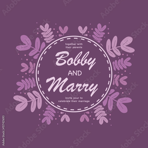 Elegant purple leaves wedding invitation card template.Vector illustration design
