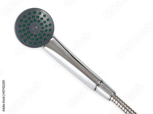 Silver, chromium or nickel shower head with hoose, isolated on white background.