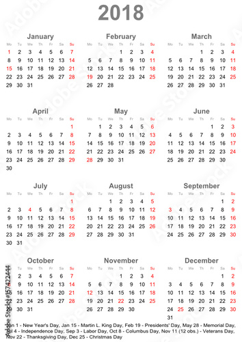 Einfacher Kalender 2018 mit gesetzlichen Feiertagen für die USA