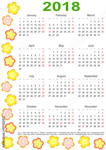 Kalender 2018 für die USA mit Markierung und Auflistung der gesetzlichen Feiertage umrandet mit bunten Blumen