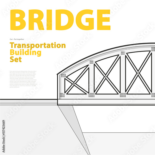 Outline set of vector arched train bridge in side view. Isolated industrial transportation building. Metallic bridge architecture. Typography layout, railway arc bridge. Assembled bridge construction.