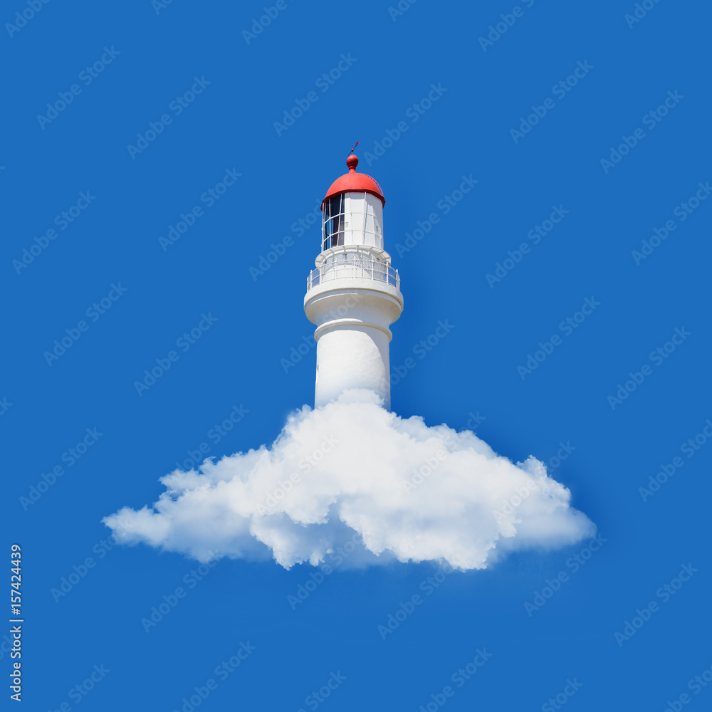 Lighthouse on cloud in blue background. hope and travel concept