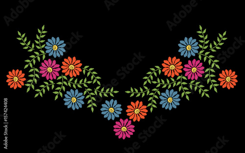 Fototapeta Naklejka Na Ścianę i Meble -  Colorful embroidery stitches imitation neck line frame with folk flower and leaf