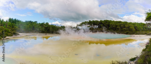 Panoramic image of Artist's Palette Pool at Wai-O-Tapu geothermal area , Rotorua, North Island of New Zealand