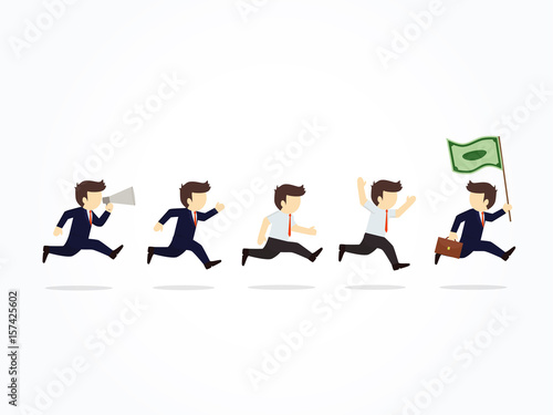 Business people running with a money flag. Vector illustration.