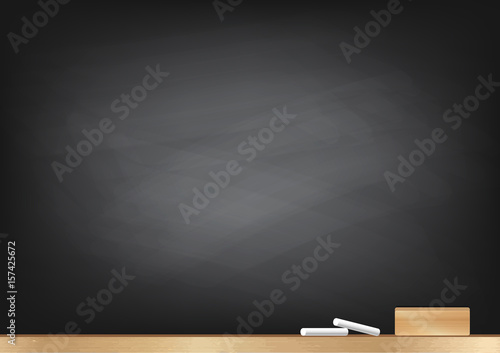 Blackboard background, chalk and blackboard eraser, rubbed out dirty chalkboard, vector illustration