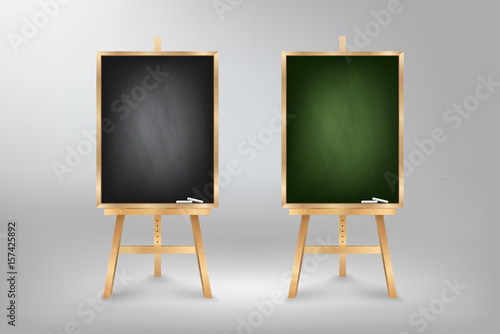 Black and Green Blackboard on wooden easel, rubbed out dirty chalkboard, vector illustration
