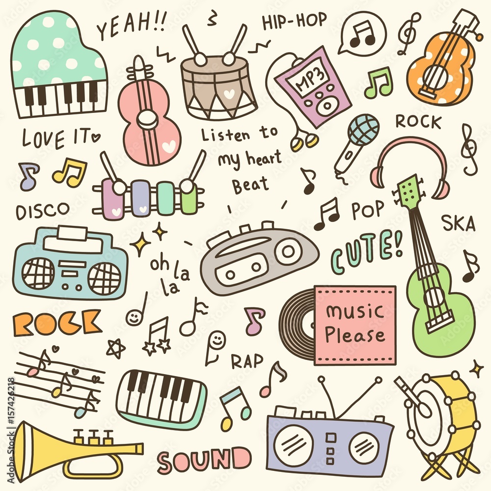 Obraz premium Set of Cute Music Instrument & Music Player