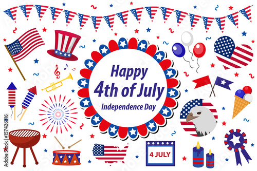 Independence Day America celebration in USA, icons set, design element, flat style. Collection objects for July 4th national holiday with a flag, map, barbecue, bunting, fireworks.Vector illustration