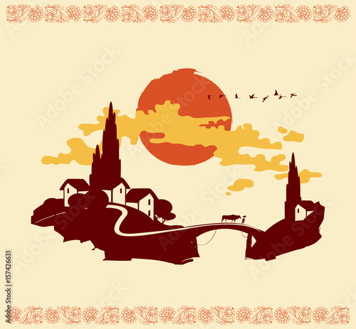 Chinese mountain village landscape with bridge and flying herd of birds on sunset