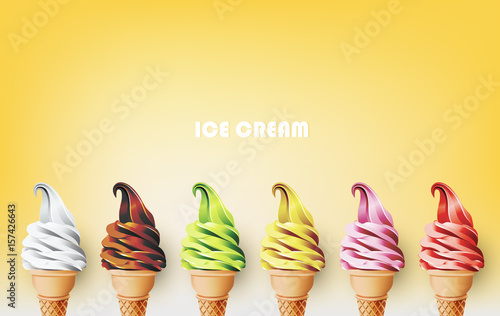 Colorful Ice cream in the cone, Different fruit flavors, Vector illustration