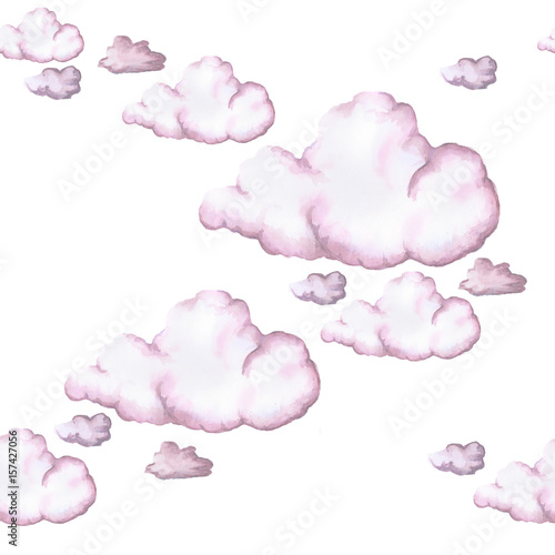 Seamless pattern, background, watercolor drawing of pink clouds of different sizes, children's pattern on white background