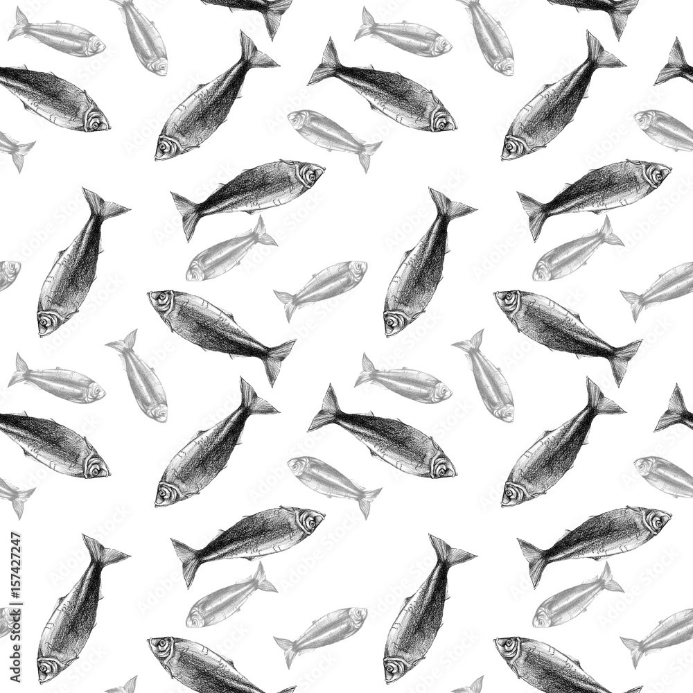 Watercolor drawing seamless pattern with fish, herring on white background, minimalism style, pencil sketches, on a theme of summer, underwater and sea life in sea and ocean for design and decoration Watercolor drawing seamless pattern with fish, herring on white background, minimalism style, pencil sketches, on a theme of summer, underwater and sea life in sea and ocean for design and decoration